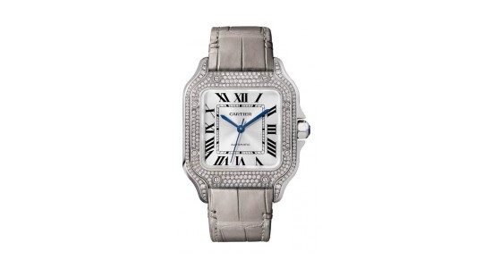 a silver Cartier watch featuring tiny diamonds set into both its case and bezel
