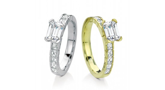 two engagement rings by Maevona featuring east to west oriented emerald cut diamonds