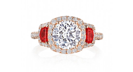 a rose gold engagement ring by TACORI featuring red side stones