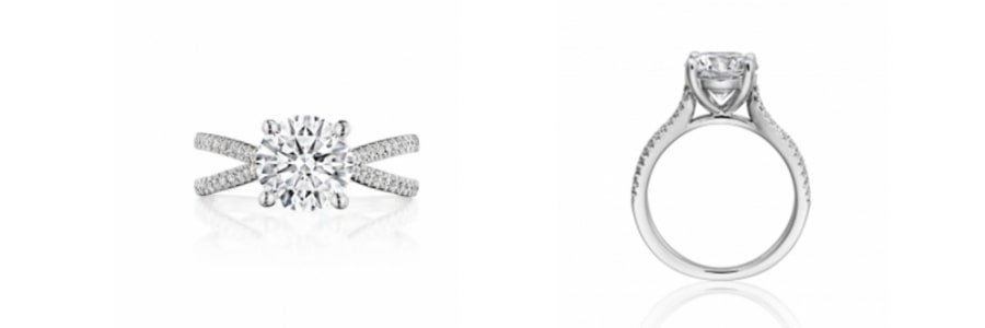 multiple views of a 14k white gold side stone engagement ring from Henri Daussi.