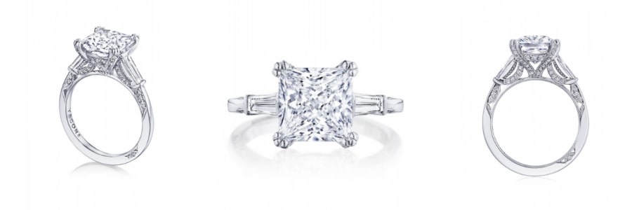 multiple views of a three stone platinum engagement ring from TACORI.