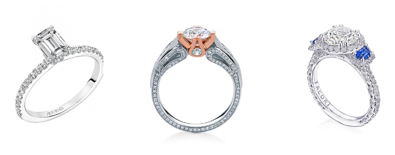 from left to right, ArtCarved side stone ring, MaeVona engagement ring, and a three stone engagement ring by TACORI.
