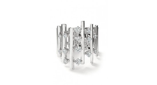 An asymmetrical and distinctive white gold diamond ring by Hearts On Fire, available at BENARI JEWELERS.