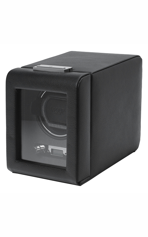 A black leather watch box on a white background
