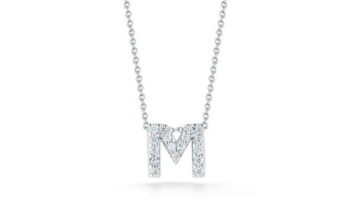An elegant Roberto Coin initial necklace with a letter &ldquo;M&rdquo; pendant, available at BENARI JEWELERS.