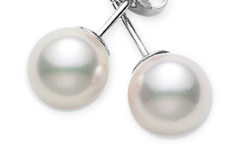 A close-up of a pair of simple but elegant Mikimoto pearl stud earrings, available at BENARI Jewelers.