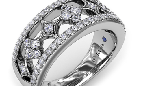 A close-up of a distinctive and intricate vintage-inspired Fana ring, available at BENARI JEWELERS.