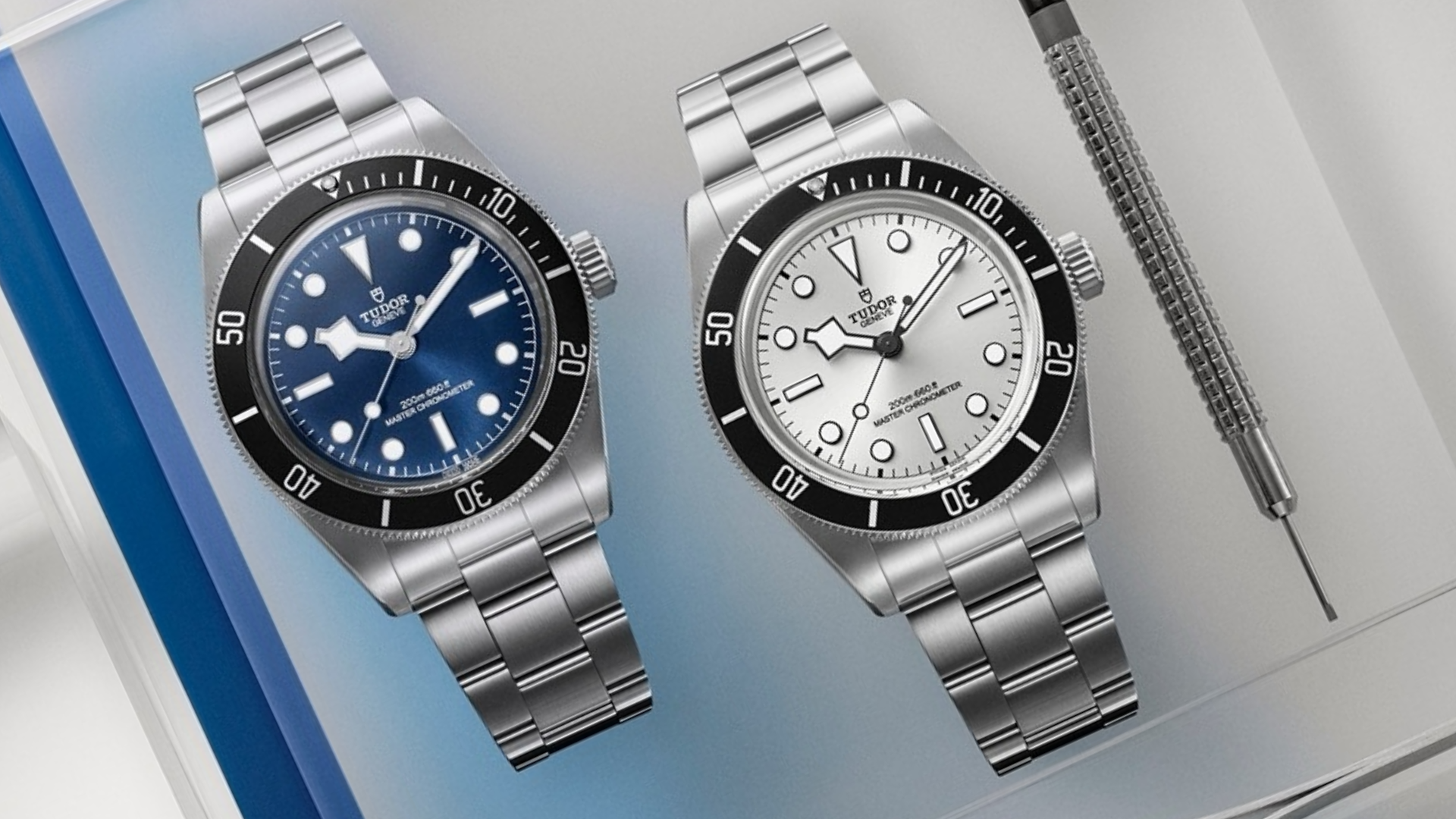 A close-up of two TUDOR Black Bay 68 watches, one with a blue dial and the other white, next to a precision screwdriver.