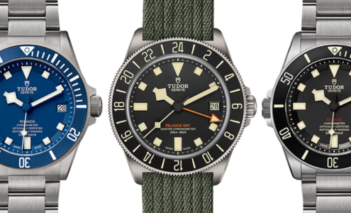 A close-up of three TUDOR Pelagos watches, all available at BENARI JEWELERS.