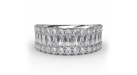 a white gold ring featuring rows of diamonds by Fana