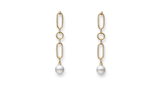 a pair of yellow gold chain from earrings with pearls at the end