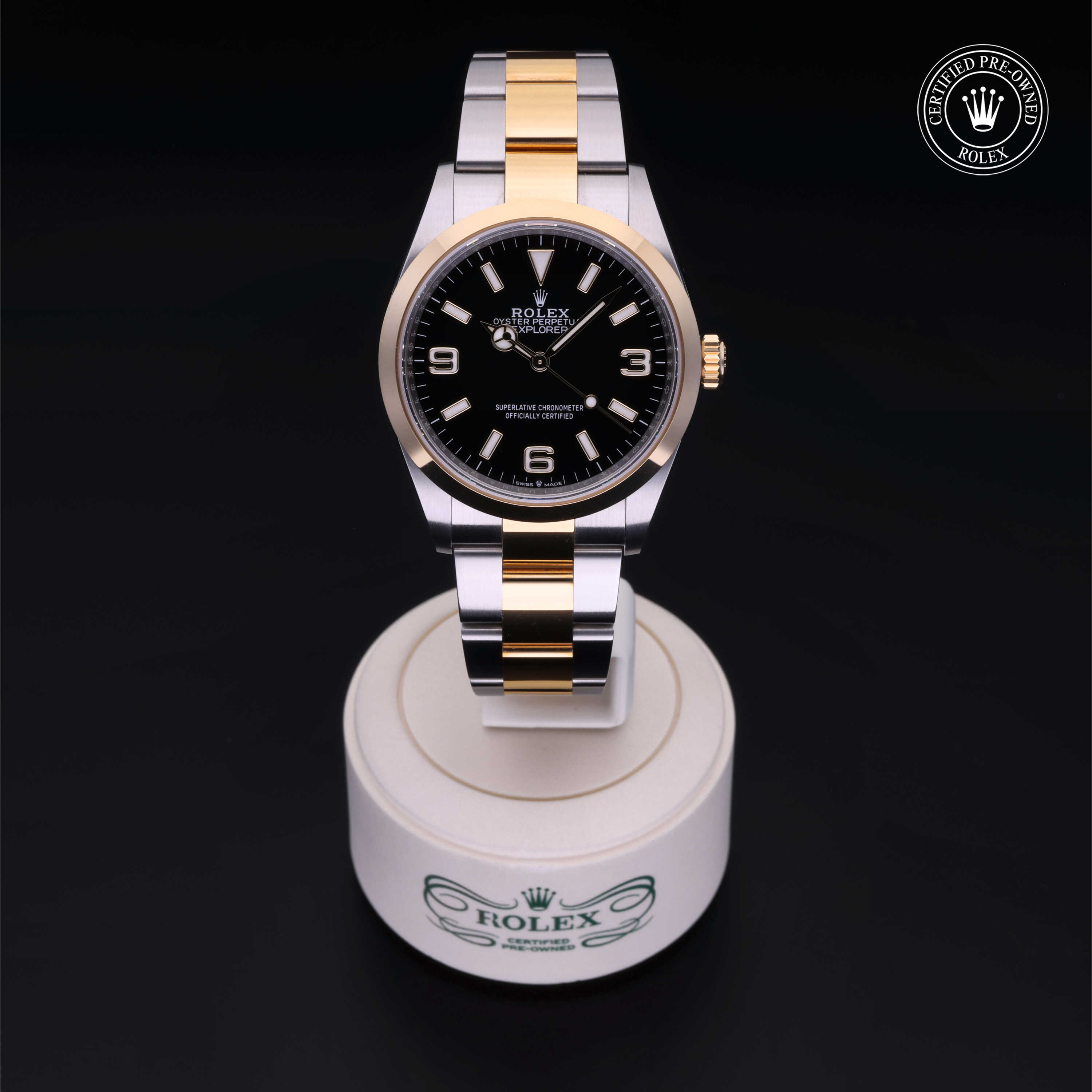 Rolex Explorer in Rolesor 18 Carat Yellow M124273-0001 at Benari Jewelers