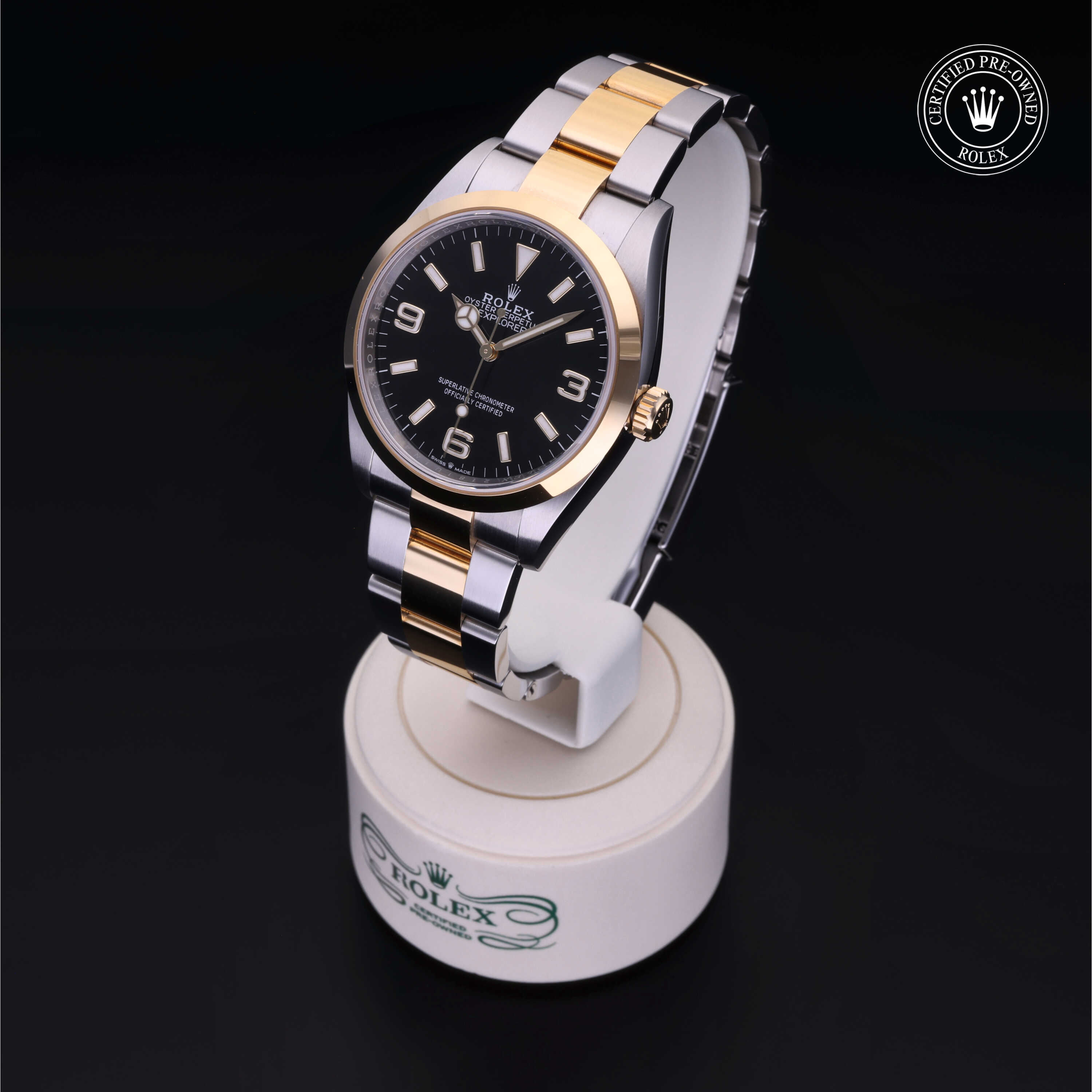 Rolex Explorer in Rolesor 18 Carat Yellow M124273-0001 at Benari Jewelers
