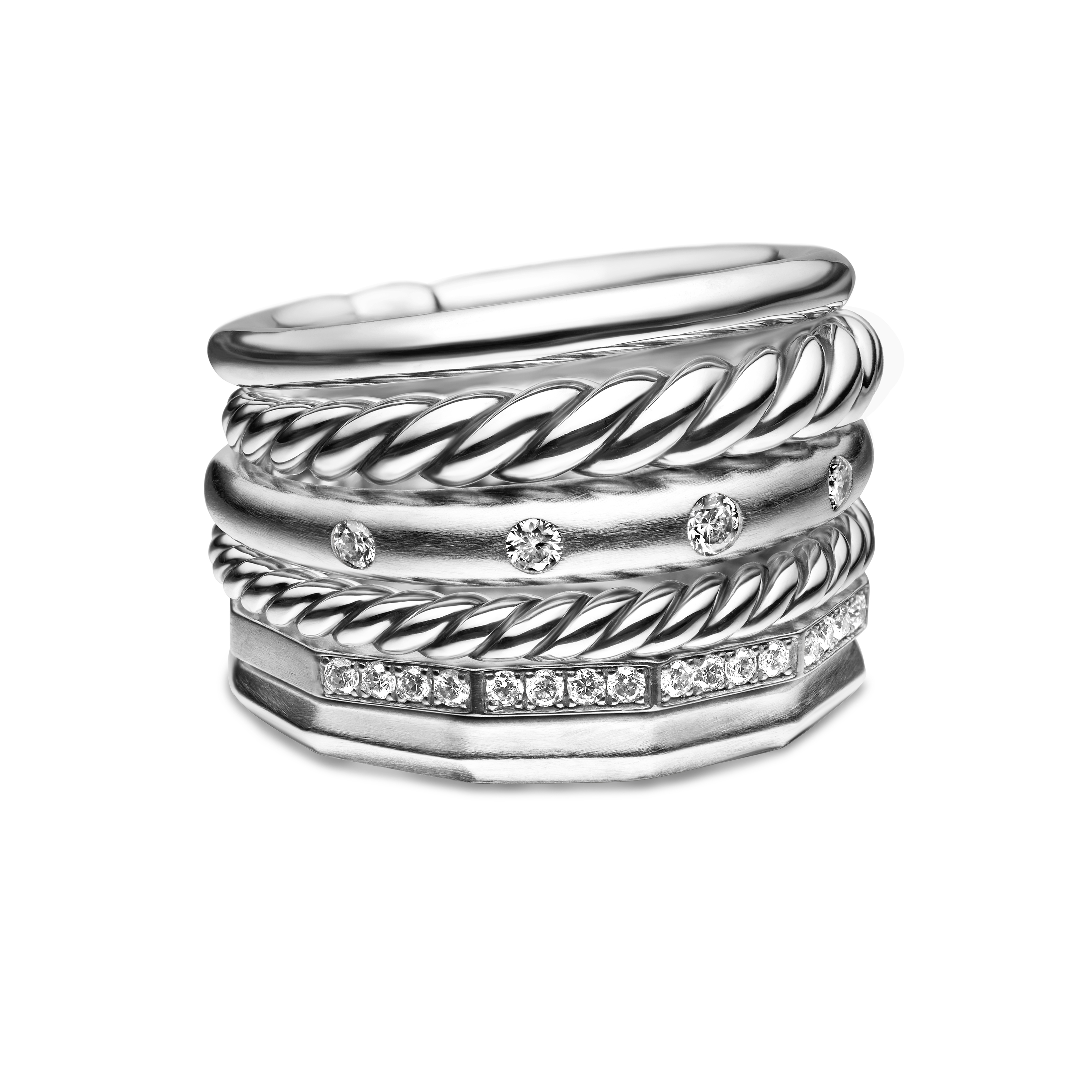 Stax Six Row Ring in Sterling Silver with Diamonds, 16mm | Benari