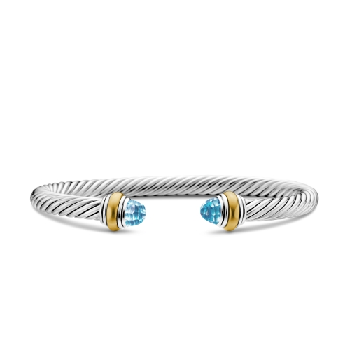 Classic Cable Bracelet in Sterling Silver with 14K Yellow Gold and Blue Topaz, 5mm