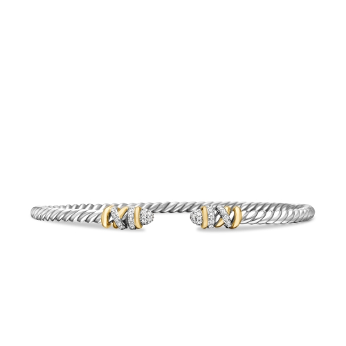 Petite Helena Classic Cable Bracelet in Sterling Silver with 18K Yellow Gold and Diamonds, 3mm