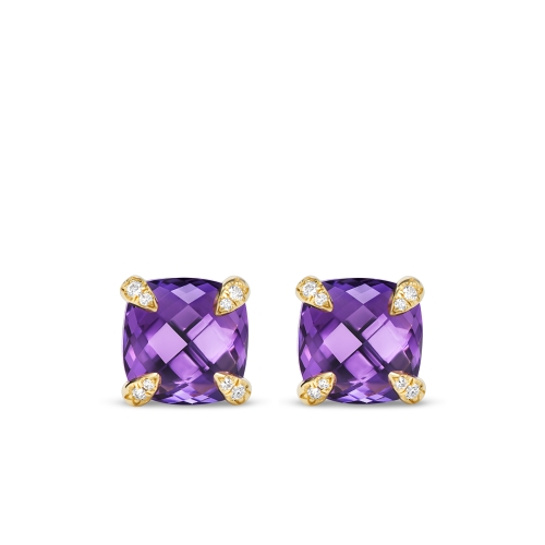 Chatelaine® Stud Earrings in 18K Yellow Gold with Amethyst and Diamonds, 8mm