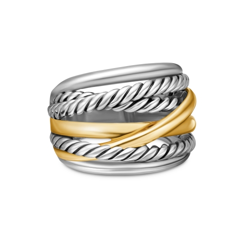 Crossover ring in sterling silver and 14k gold, wide scale