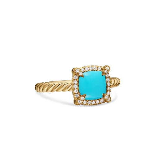 Petite Chatelaine® Pavé Bezel Ring in 18K Yellow Gold with Turquoise and Diamonds, 7mm
