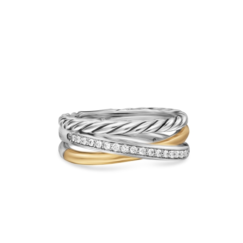 Crossover Three Row Ring in Sterling Silver with 18K Yellow Gold and Diamonds, 7mm
