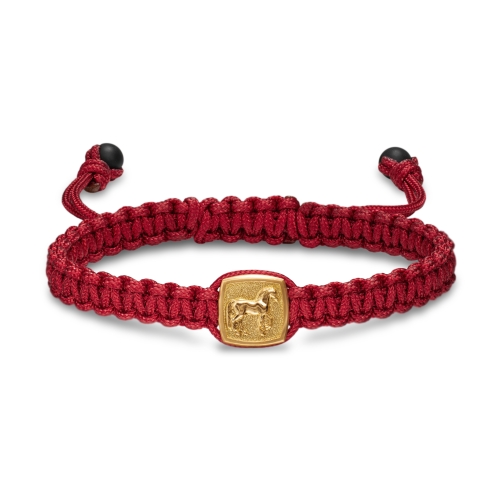 Petrvs® Horse Red Nylon Woven Station Bracelet in 18K Yellow Gold with Black Onyx, 11.9mm