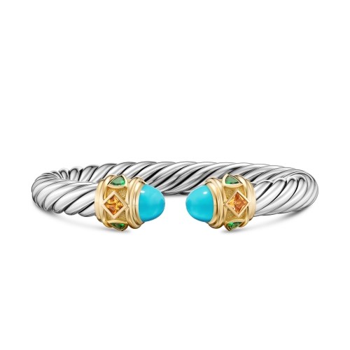 Renaissance® Cable Flex® Bracelet in Sterling Silver with 14K Yellow Gold, Turquoise, Madeira Citrine and Tsavorites, 9mm