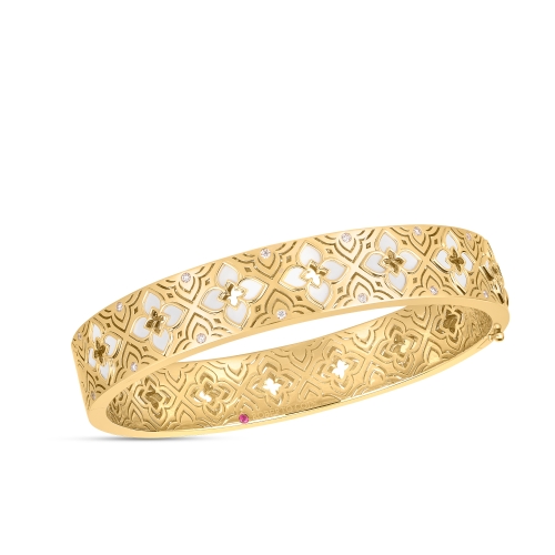 Roberto Coin Venetian Princess Etched Frame Diamond White Enamel Flower Bangle 8883527AYBAX