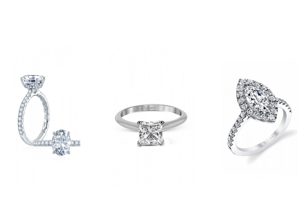 A sidestone engagement ring, a solitaire, and a halo engagement ring.