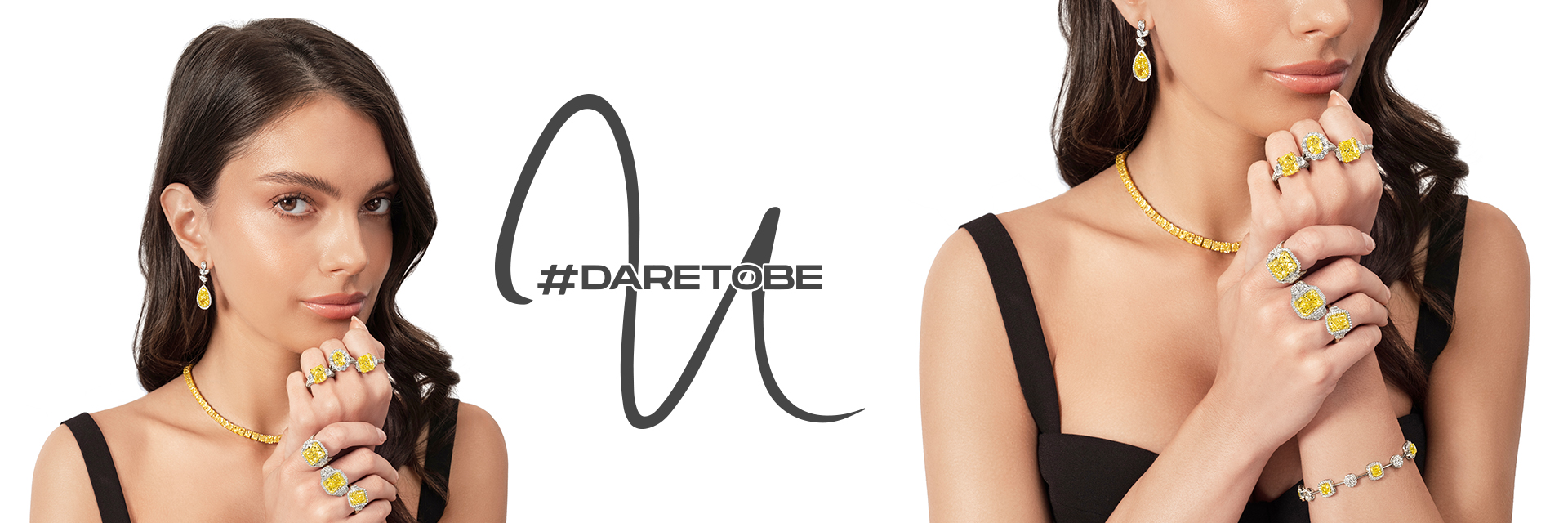 Uneek banner featuring a woman wearing Uneek fine jewelry